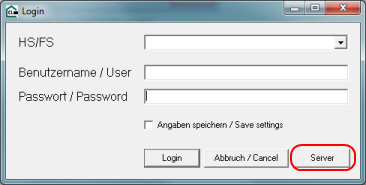 Screenshot: Login mask, 'Server' button is marked