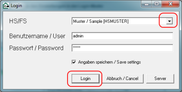 Screenshot: Login mask, 'Login' button is marked