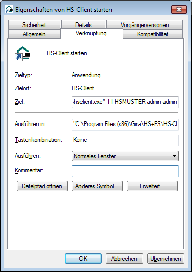 Screenshot: 'Properties of the link' window